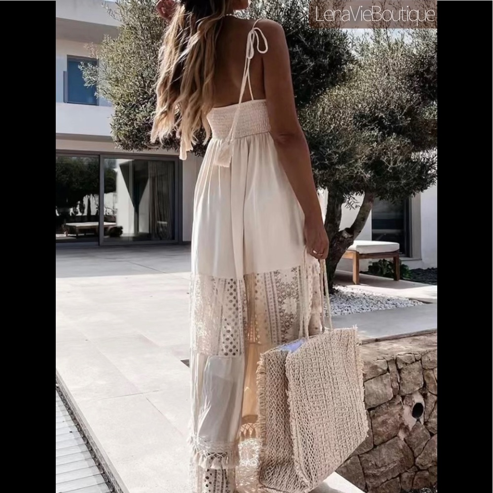 Boho Summer Crochet Maxi Dress, Tassel Adorned, Adjustable Tassel Tie Dress - Picture 2 of 13